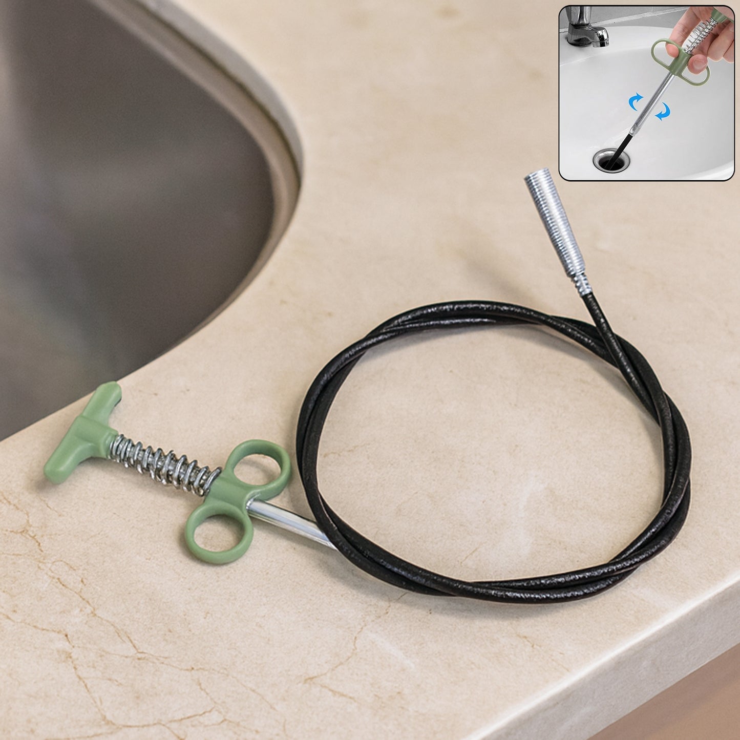 Wukusy flexible spring drain cleaning tool with hand grip, 157 cm, used for clearing clogged drains and pipes.