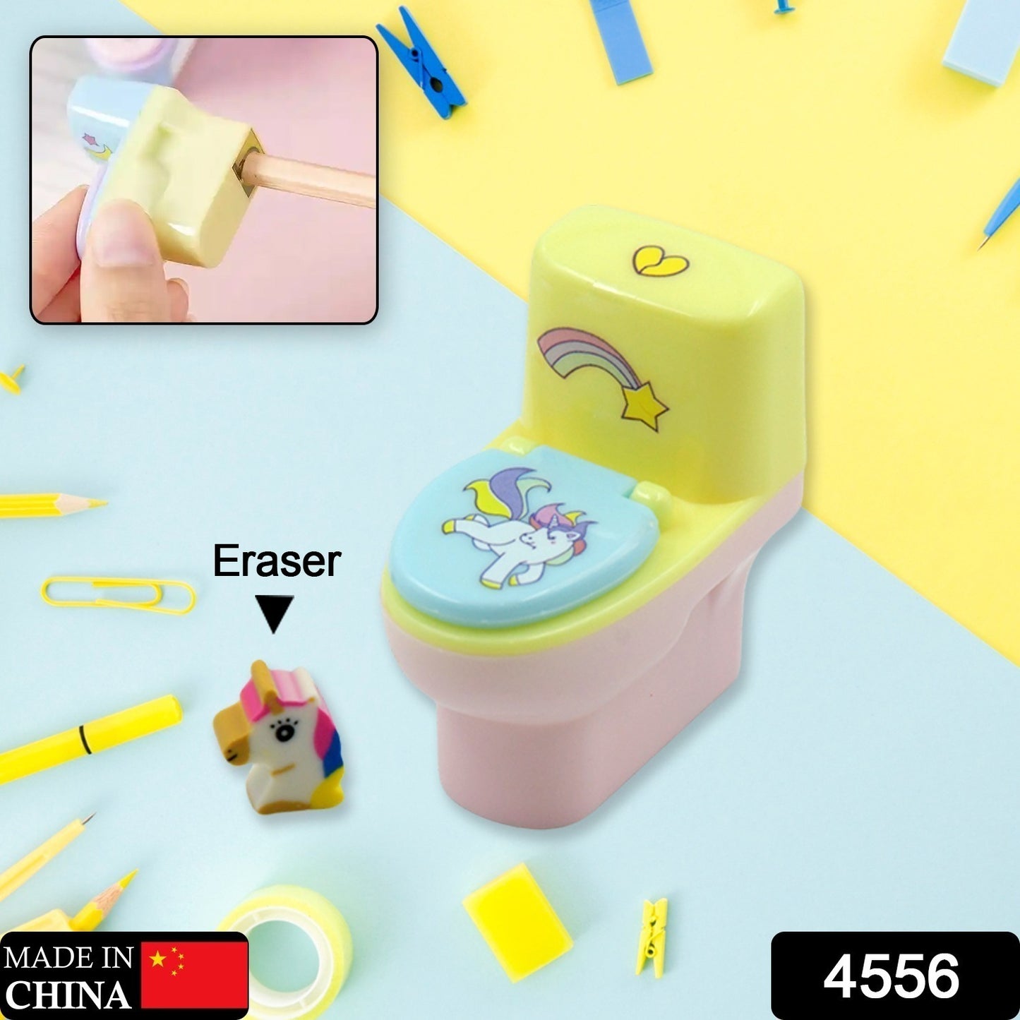 Set of two Wukusy toilet-shaped plastic pencil sharpeners with erasers, featuring cute cartoon design for school and office use.