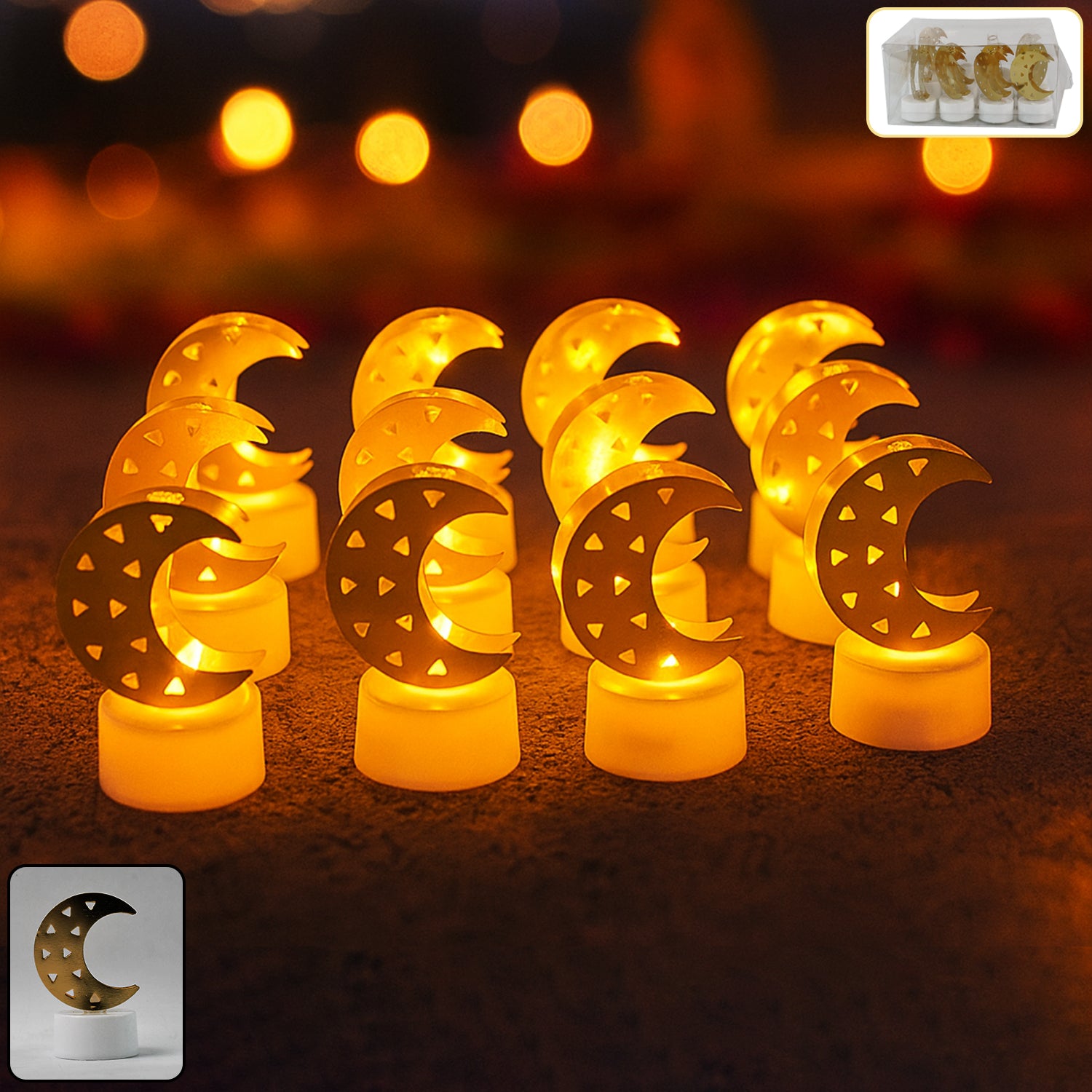 Set of 12 Wukusy decorative moon-shaped flameless LED candles for home decor, showcasing soft glowing moon designs.