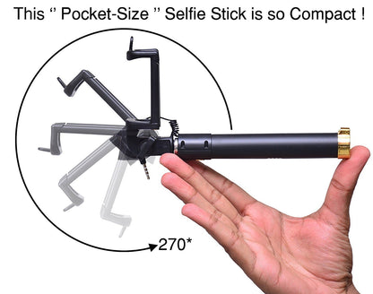 Wukusy 1347 selfie stick with aux wire for smartphones, shown with extendable handle and headphone jack in a box.