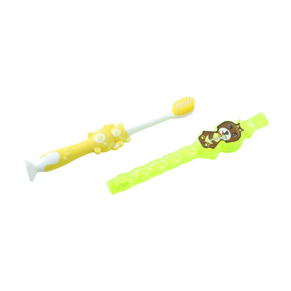 Kids cartoon design toothbrush set with musical whistle, featuring colorful characters and two toothbrushes for children by Wukusy.