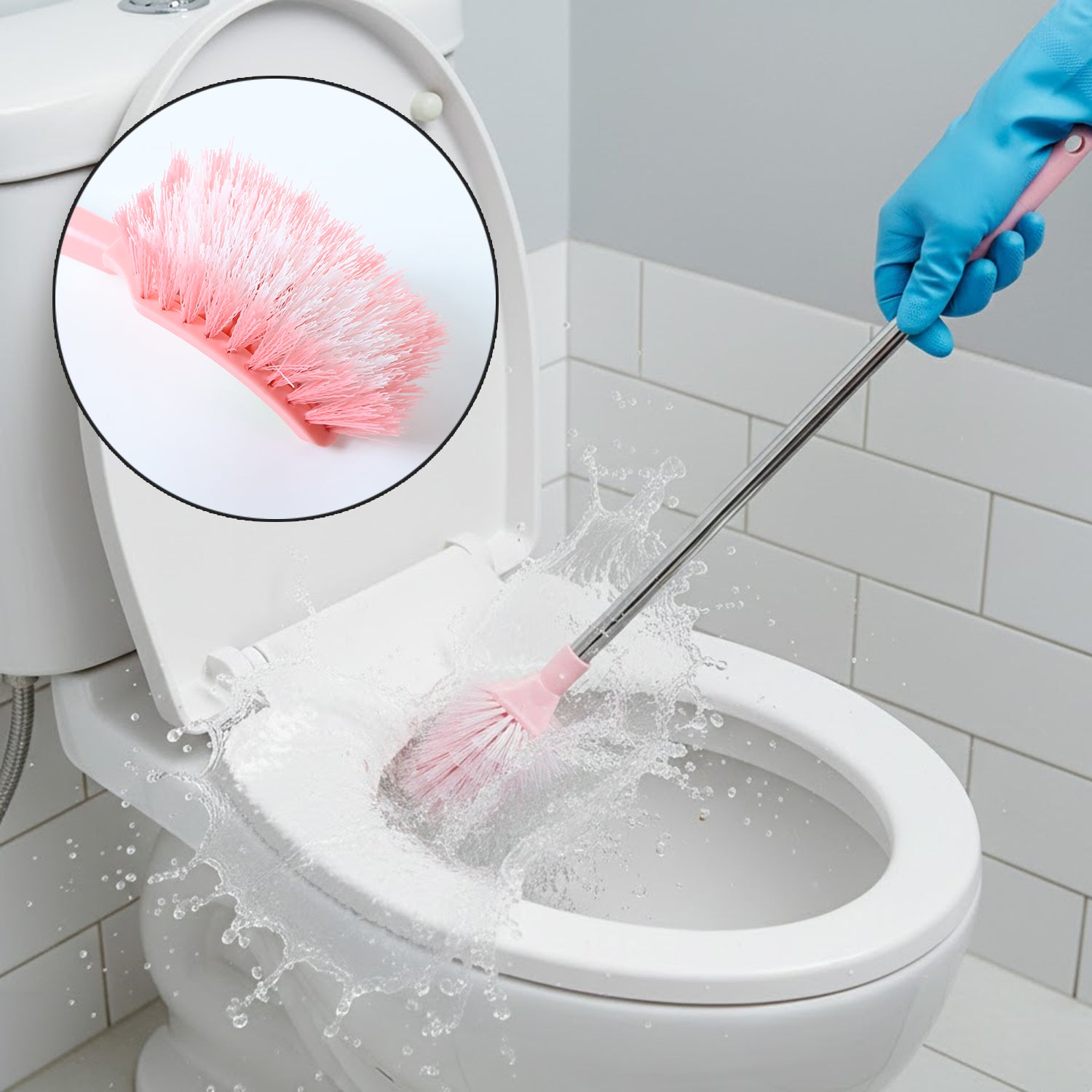 Wukusy long handle toilet cleaning brush with durable bristles for thorough bathroom cleaning.