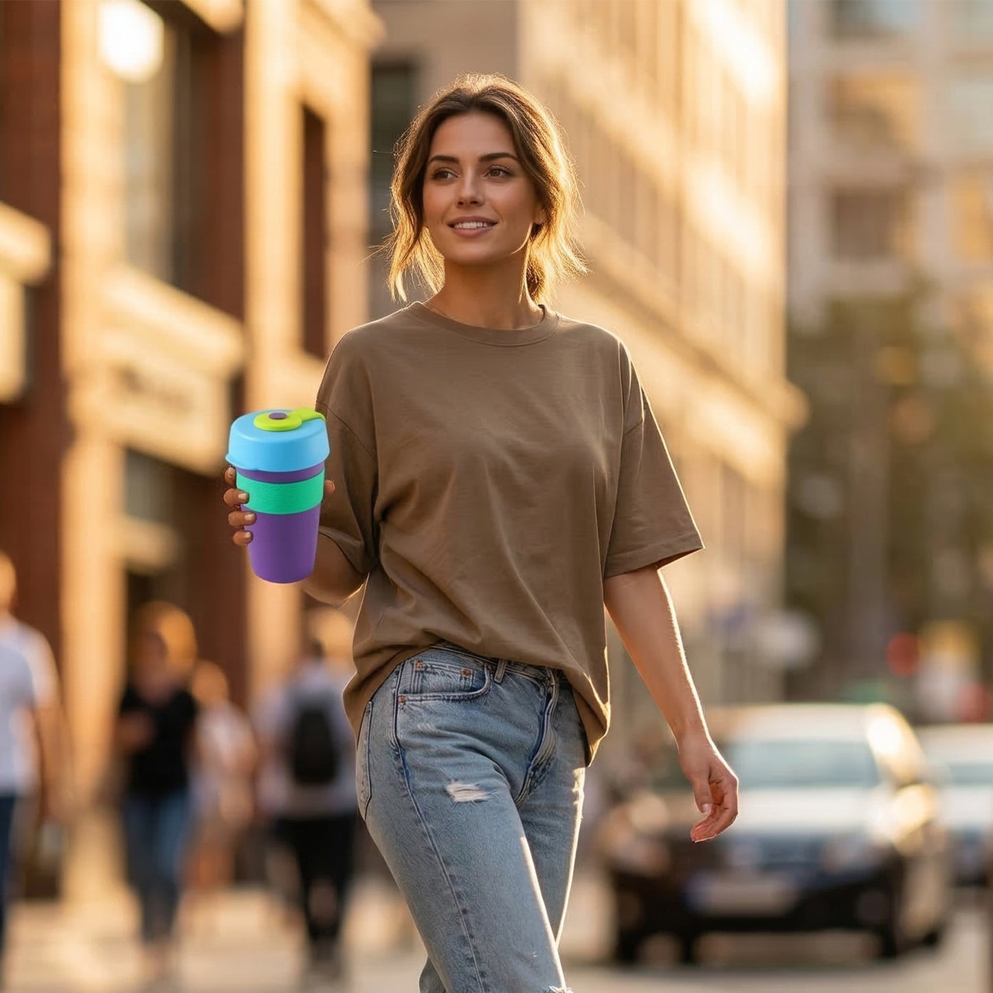 Reusable Wukusy colorful travel mug with secure silicone lid, 400 ml capacity, featuring a vibrant design and ergonomic handle.
