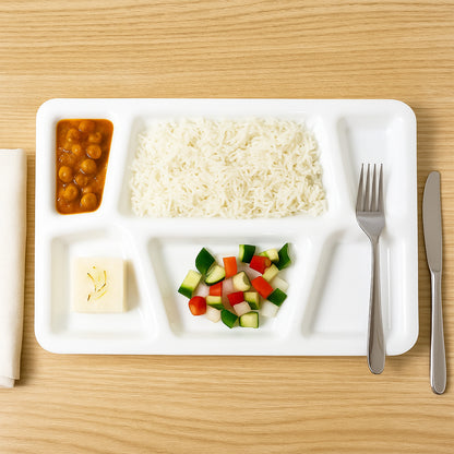 White plastic multi-compartment rectangular meal serving tray from Wukusy with various sections for food presentation.