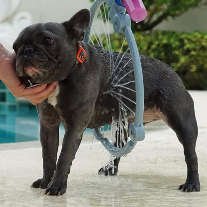 Wukusy pet shower sprayer and grooming bath massager with microfiber glove for cats and dogs, shown in use during grooming.