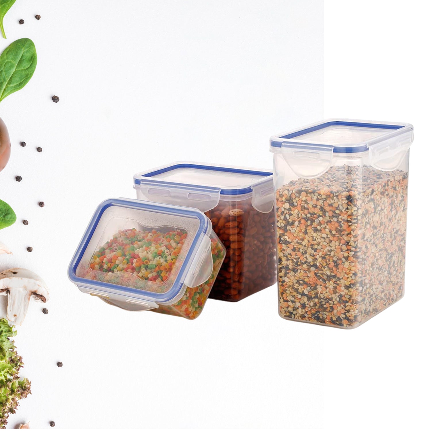 Wukusy 5800 Classics rectangular plastic food storage containers with leak-proof lids, set of 3, 500ml, 1000ml, 1500ml, transparent