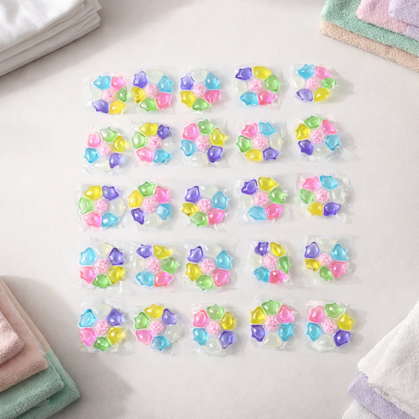 Colorful laundry detergent pods by Wukusy, 25-piece pack, showing vibrant, multi-colored pods in a clear container.