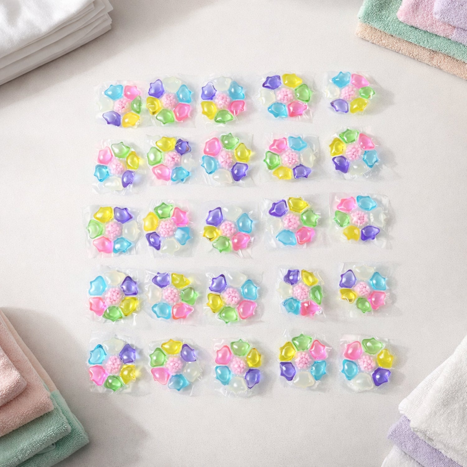 Colorful laundry detergent pods by Wukusy, 25-piece pack, showing vibrant, multi-colored pods in a clear container.