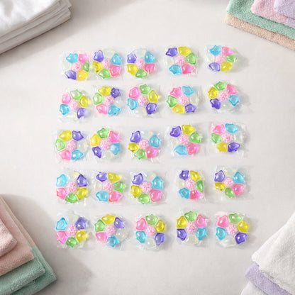 Colorful laundry detergent pods by Wukusy, 25-piece pack, showing vibrant, multi-colored pods in a clear container.