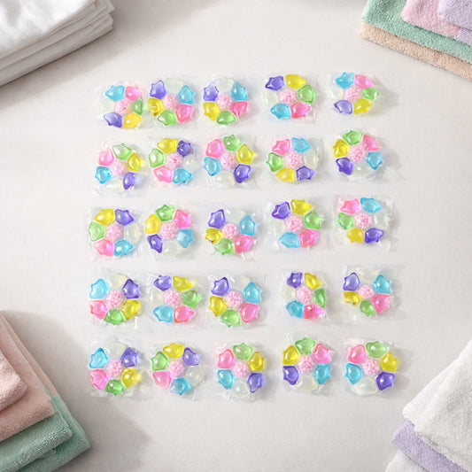Colorful laundry detergent pods by Wukusy, 25-piece pack, showing vibrant, multi-colored pods in a clear container.