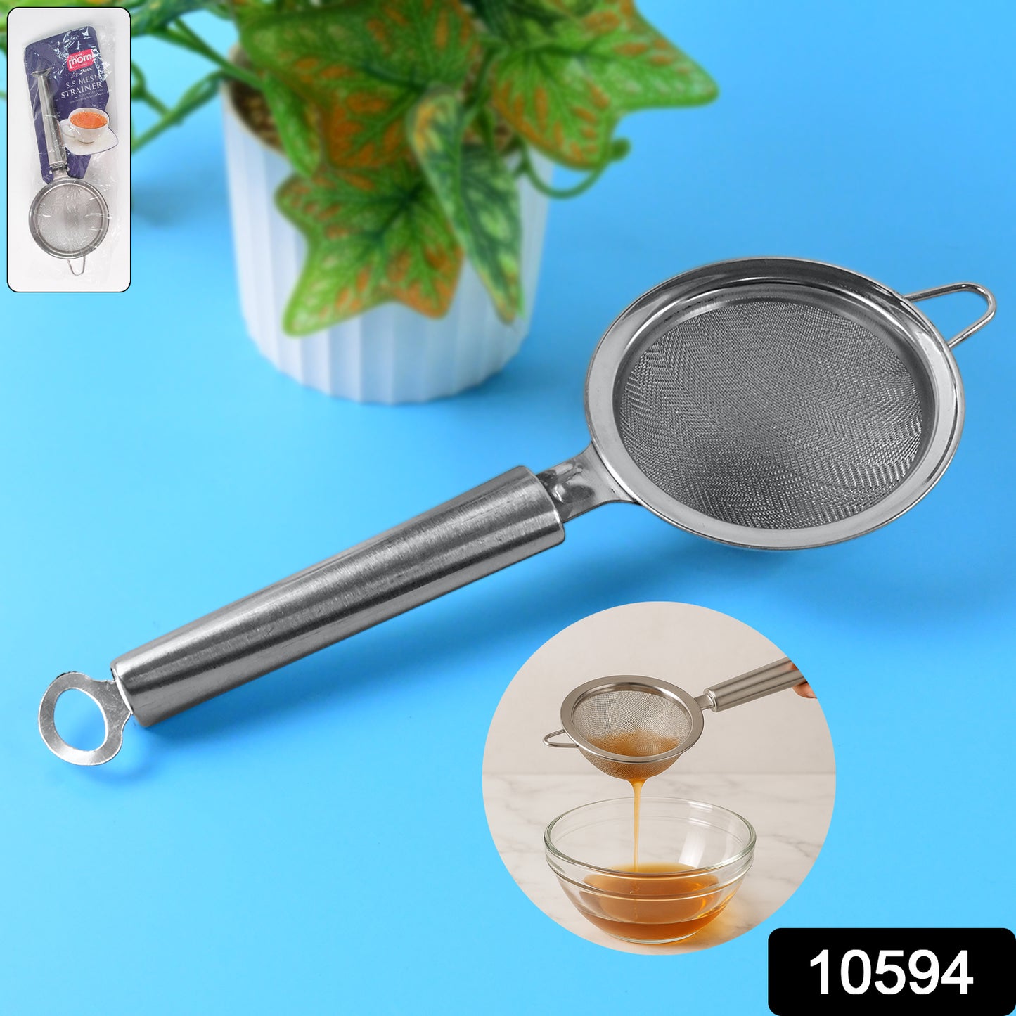 Wukusy Supermom stainless steel mesh strainer for kitchen, with fine mesh and ergonomic handle for sifting and straining food.