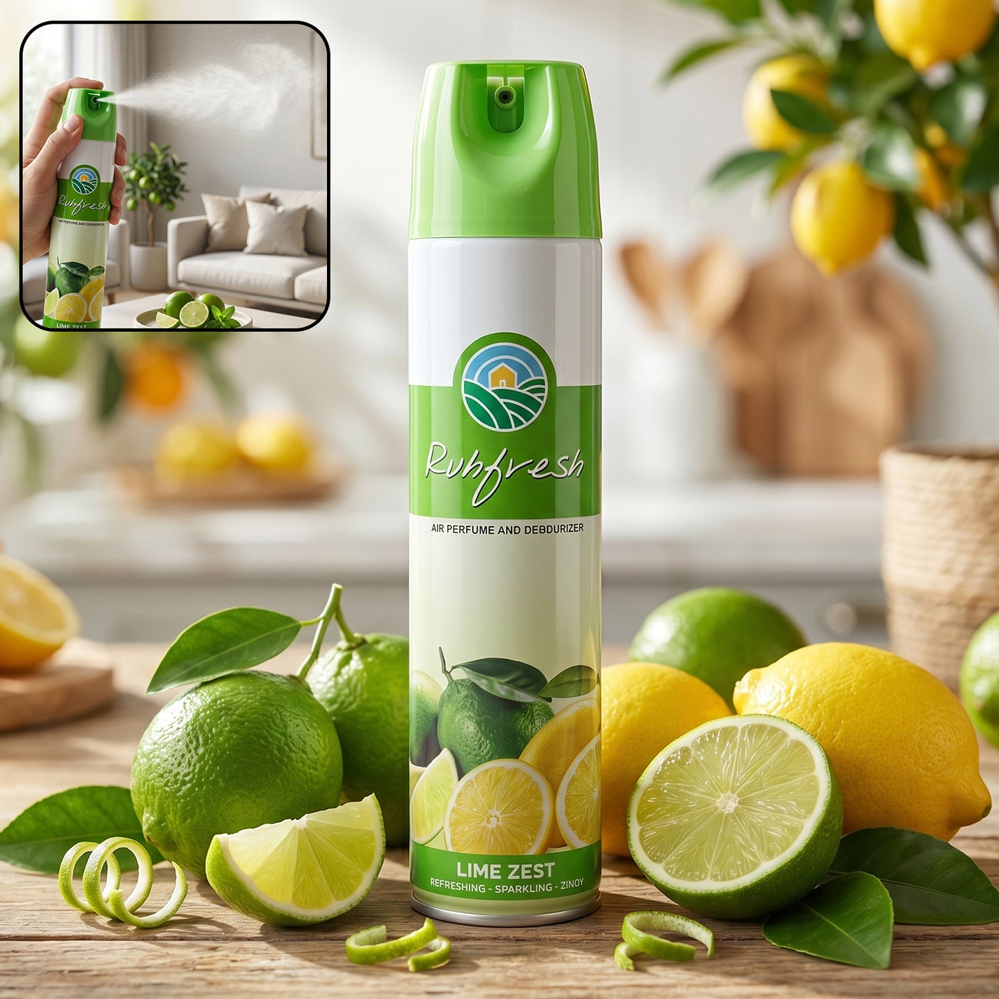 Wukusy Lime Zest air freshener spray bottle, 220 ml, with fresh lime scent and bright citrus label on the packaging.