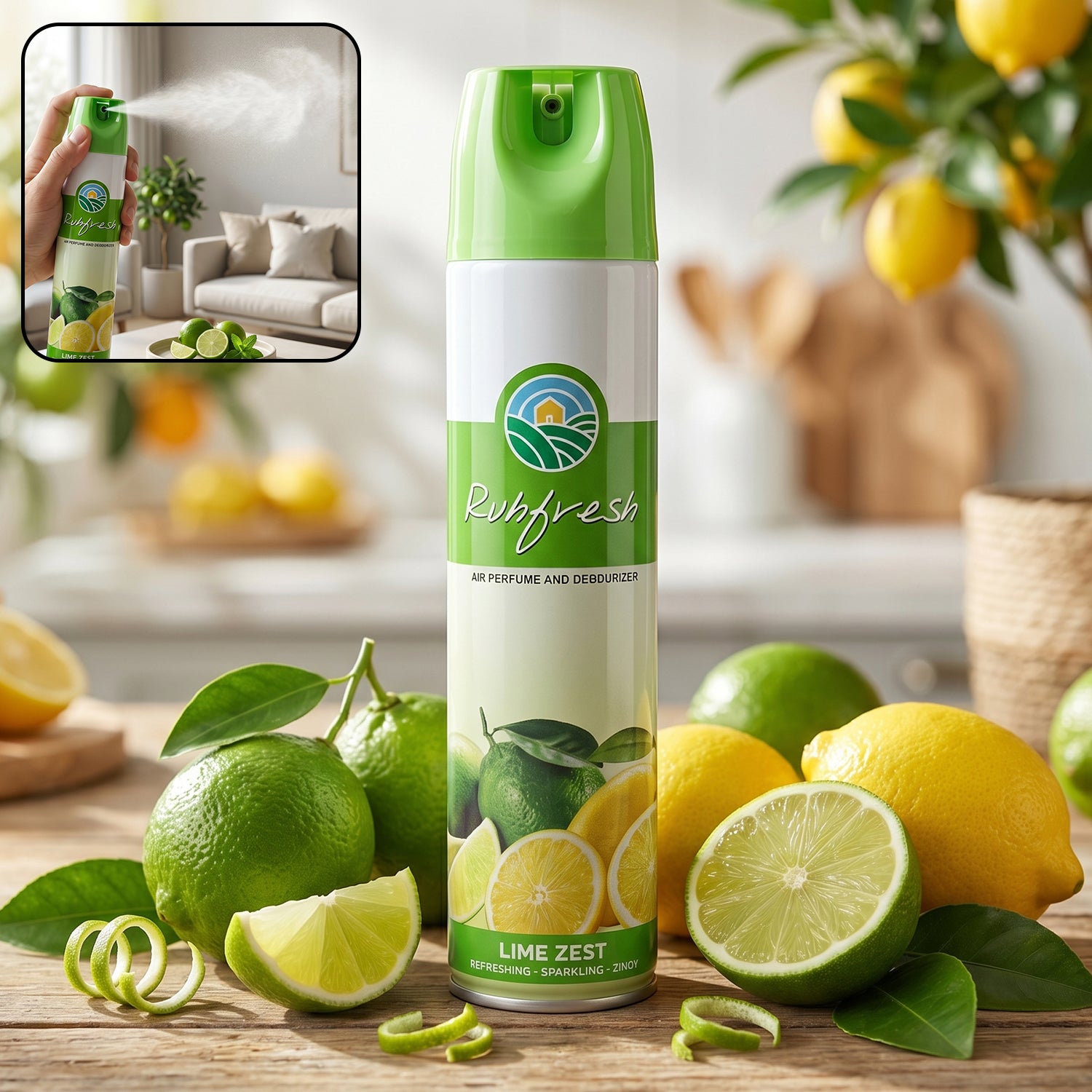 Wukusy Lime Zest air freshener spray bottle, 220 ml, with fresh lime scent and bright citrus label on the packaging.
