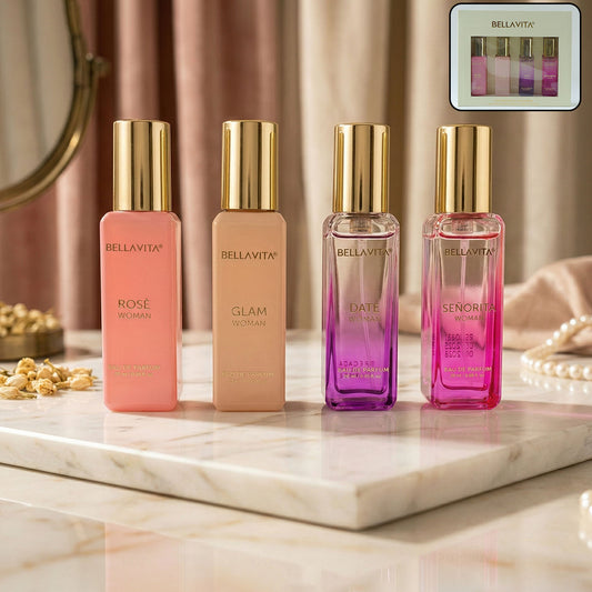 Wukusy Bellavita Luxury Women Eau De Parfum gift set with four 20ml bottles, elegant packaging and floral fragrance details.