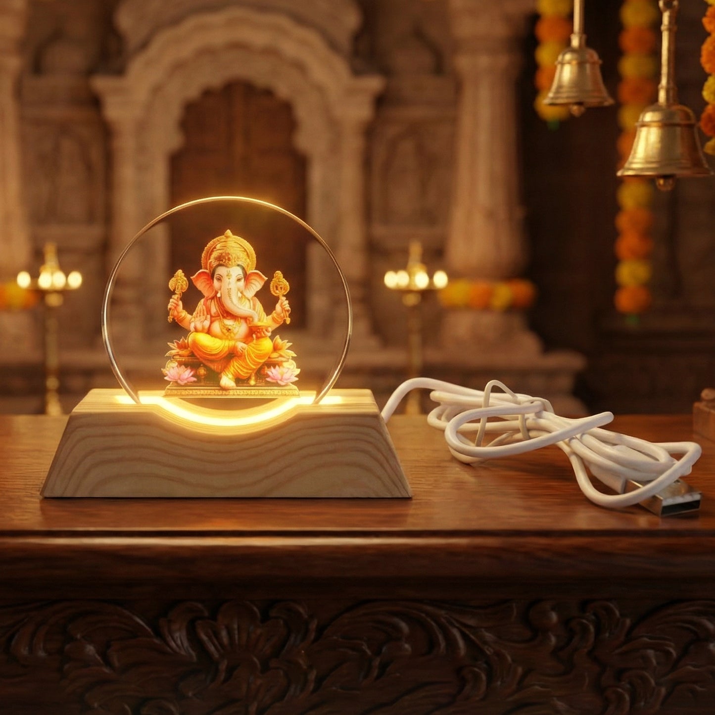 Premium 3D Lord Ganesha acrylic LED night lamp by Wukusy, featuring intricate Ganesha design and illuminated acrylic display.