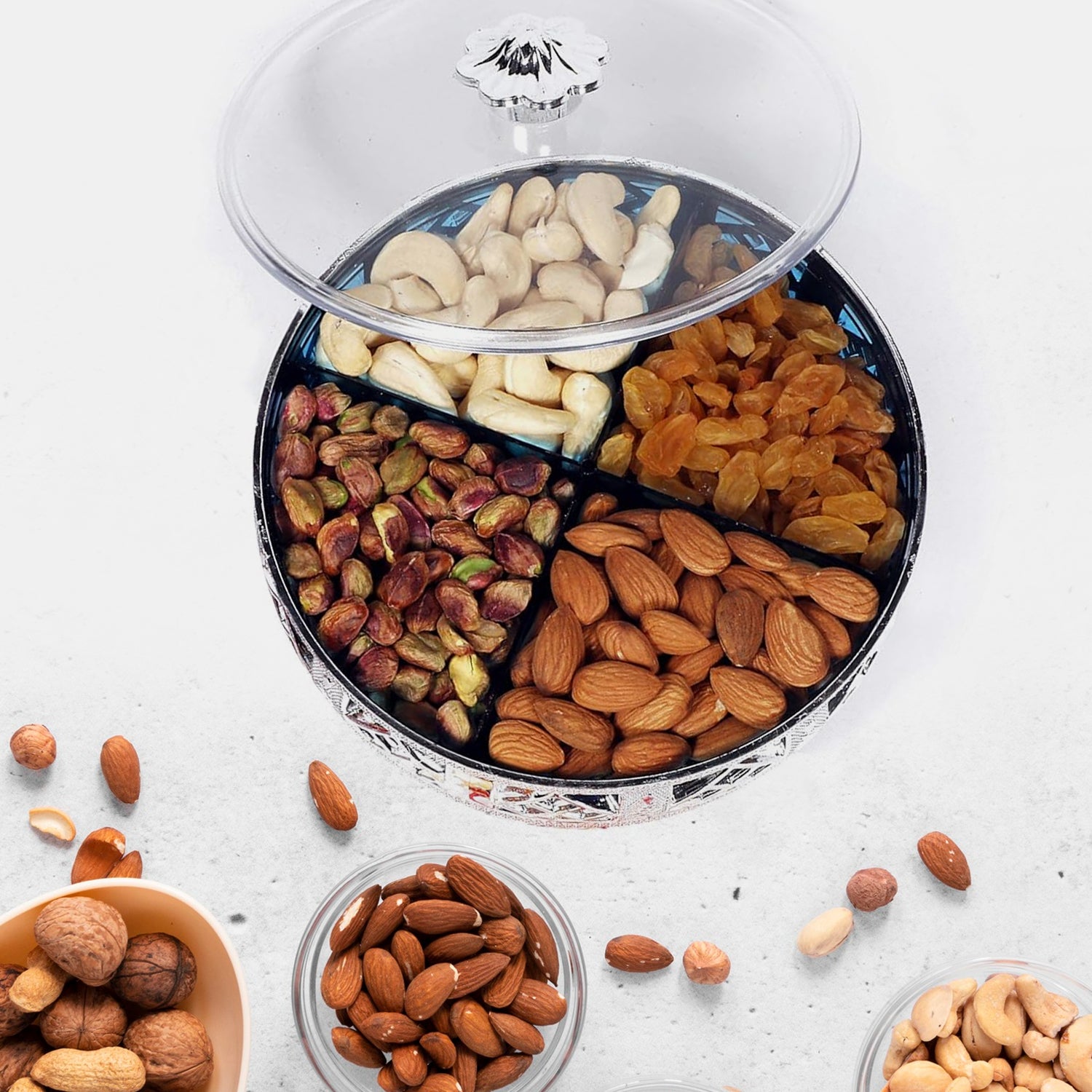 Wukusy multipurpose dry fruit box with 4 round silver sections, kitchen storage container for dry fruits and snacks.