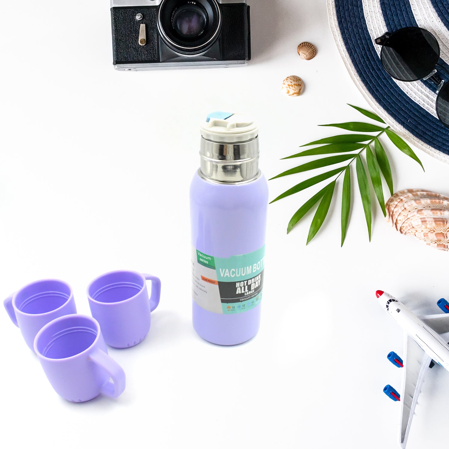Wukusy 5533 stainless steel vacuum flask set with 3 cups, handle cover, portable car water bottle, approx 500ml.