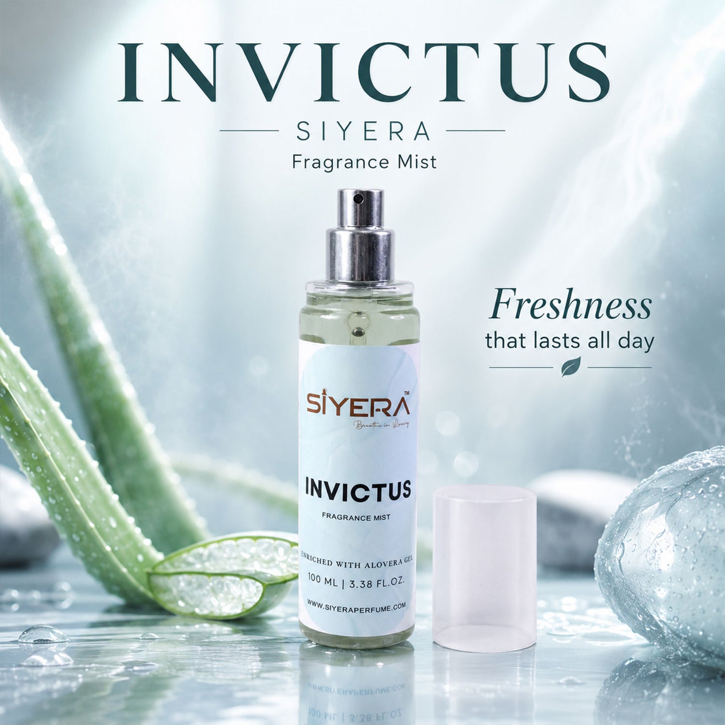 Wukusy Siyera Invictus fragrance mist body spray with aloe vera gel, 100ml bottle, featuring elegant packaging with floral and botanical design.