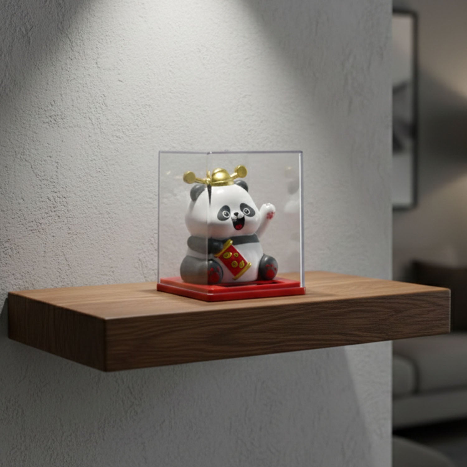 Solar powered moving hand panda showpiece by Wukusy, featuring a cute panda with a waving hand, illuminated by sunlight.