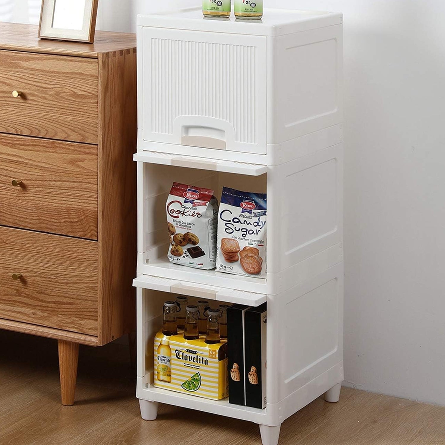 Wukusy 3-layer plastic storage cabinet with foldable drawers, ideal for kitchen, bathroom, or bedroom organization.