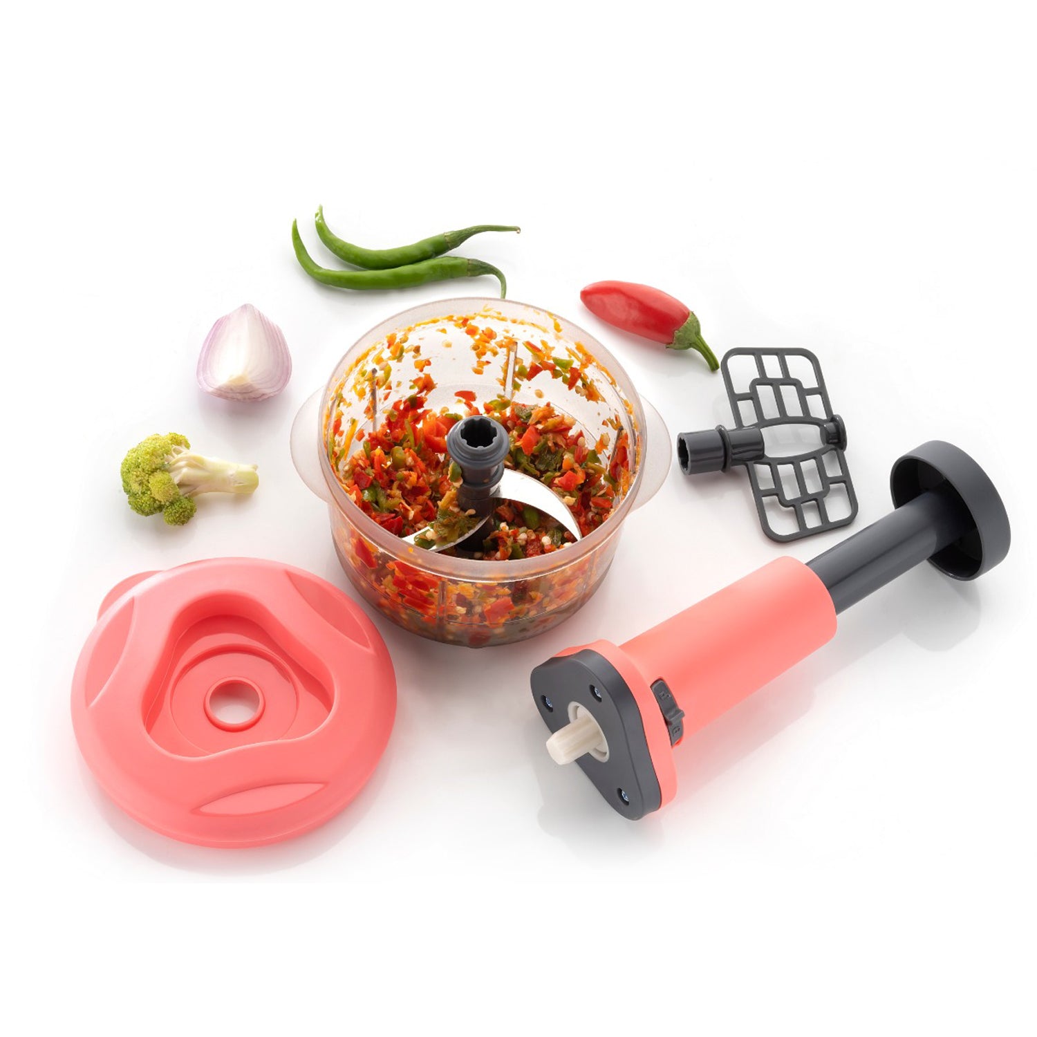 Wukusy 5102 2-in-1 manual food chopper with 800ml capacity, stainless steel blades for chopping fruits, vegetables, herbs, and onions.