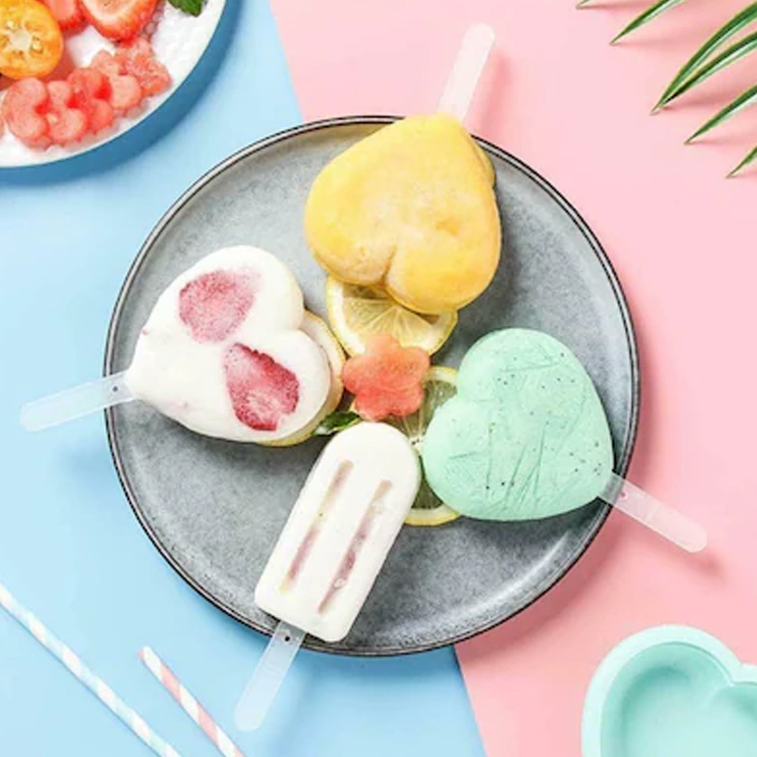Wukusy premium heart-shaped silicone popsicle mold set with four colorful molds for making fun, heart-shaped frozen treats.