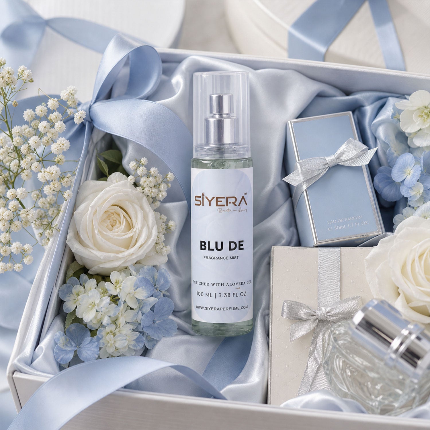 Wukusy Blu De Fragrance Mist Body Spray with Aloe Vera Gel, 100ml, showing the spray bottle and label with blue design.