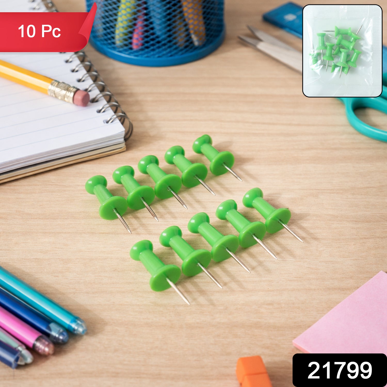 Set of 10 green plastic push pins thumb tacks for notice boards, featuring a durable plastic head and sharp metal point.
