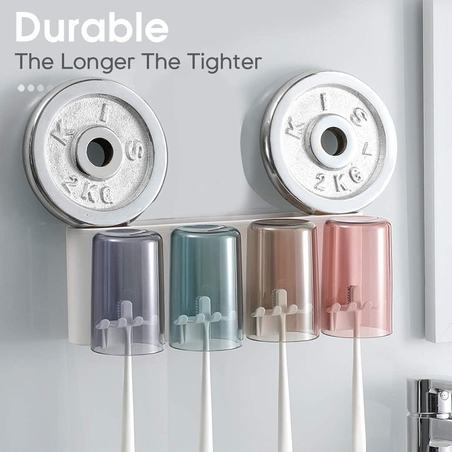 Wall mounted Wukusy toothbrush holder set with multiple compartments for toothbrushes and toothpaste on a bathroom wall