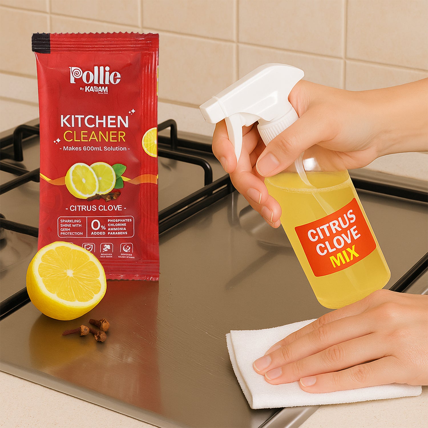 Wukusy Pollic Kadam concentrated kitchen surface cleaner sachet for home and kitchen cleaning tasks.