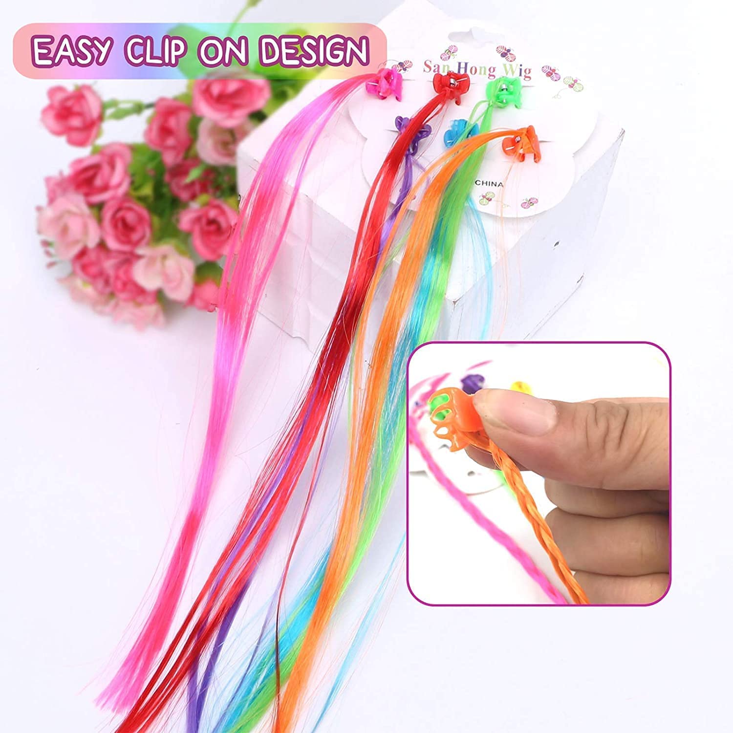 Colorful kids hair extensions with hair clips, six-piece mix set by Wukusy, perfect for fun hair accessories and styling.