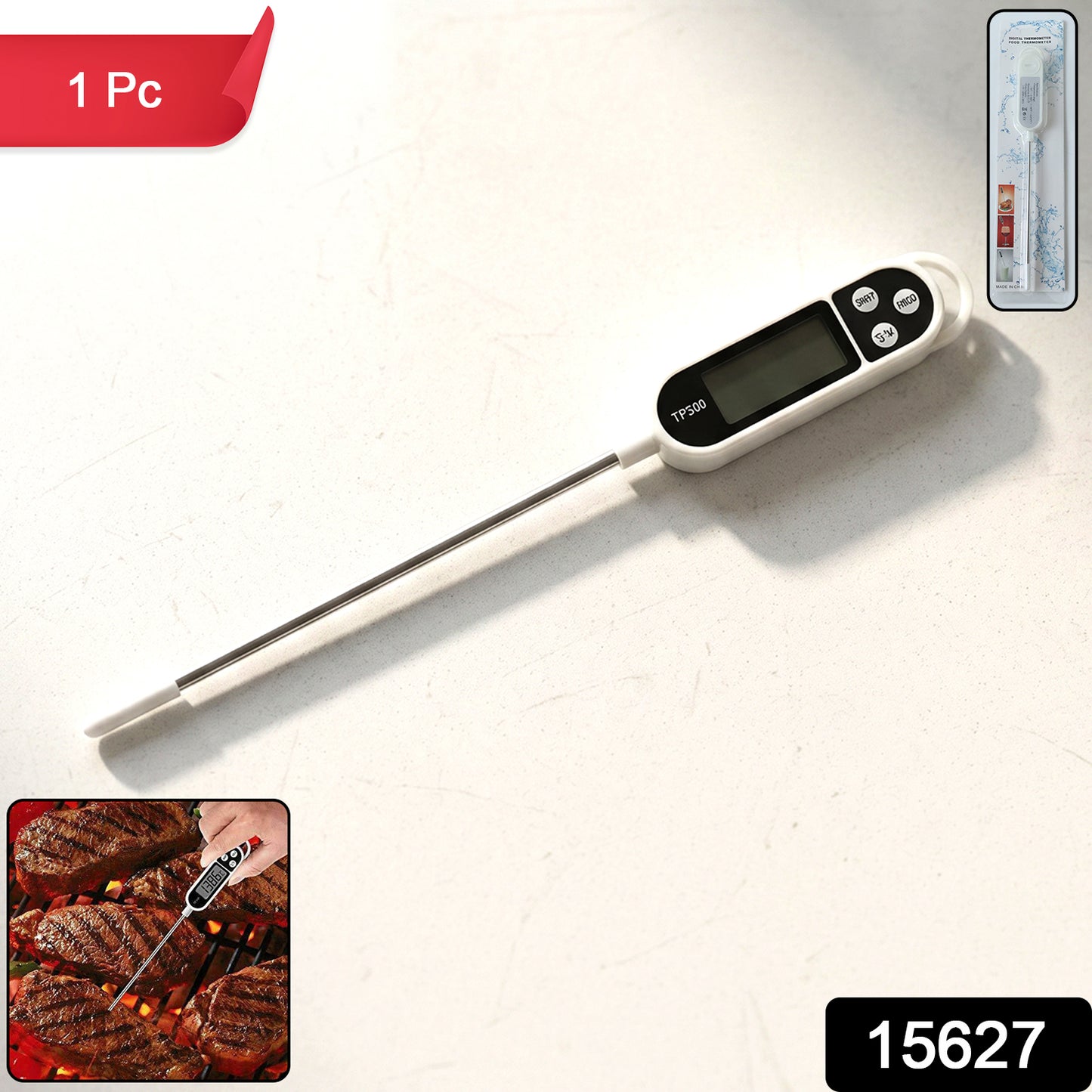 Wukusy digital food thermometer with LCD display showing temperature reading in a kitchen setting