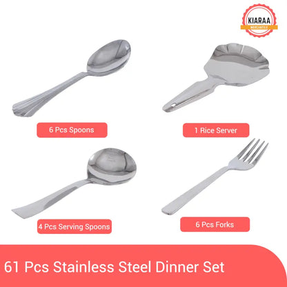 Ekom KIARAA 61-piece stainless steel dinner set with plates, bowls, and utensils arranged on a dining table.