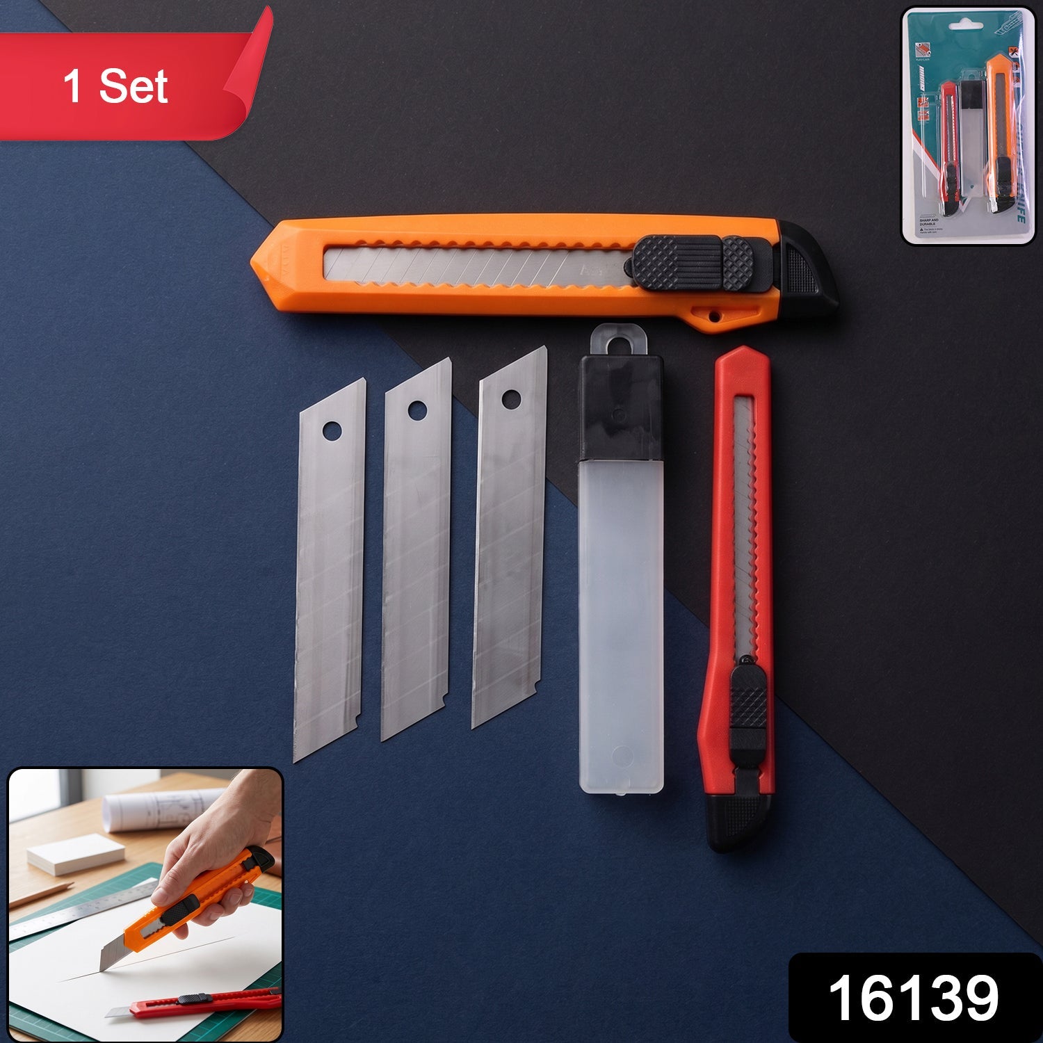 Wukusy professional utility knife cutter set with extra snap-off blades, featuring a sturdy handle and multiple blade segments.