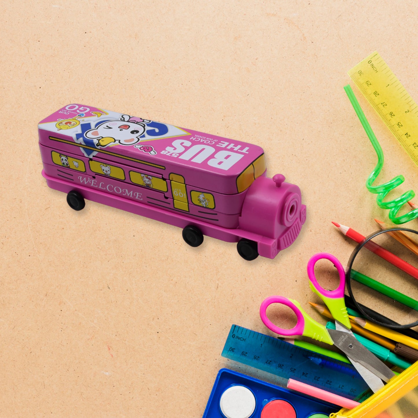Wukusy Double Decker Magic Bus metal pencil case with movable wheels, sharpener, and two tiers, shaped like a bus for kids.