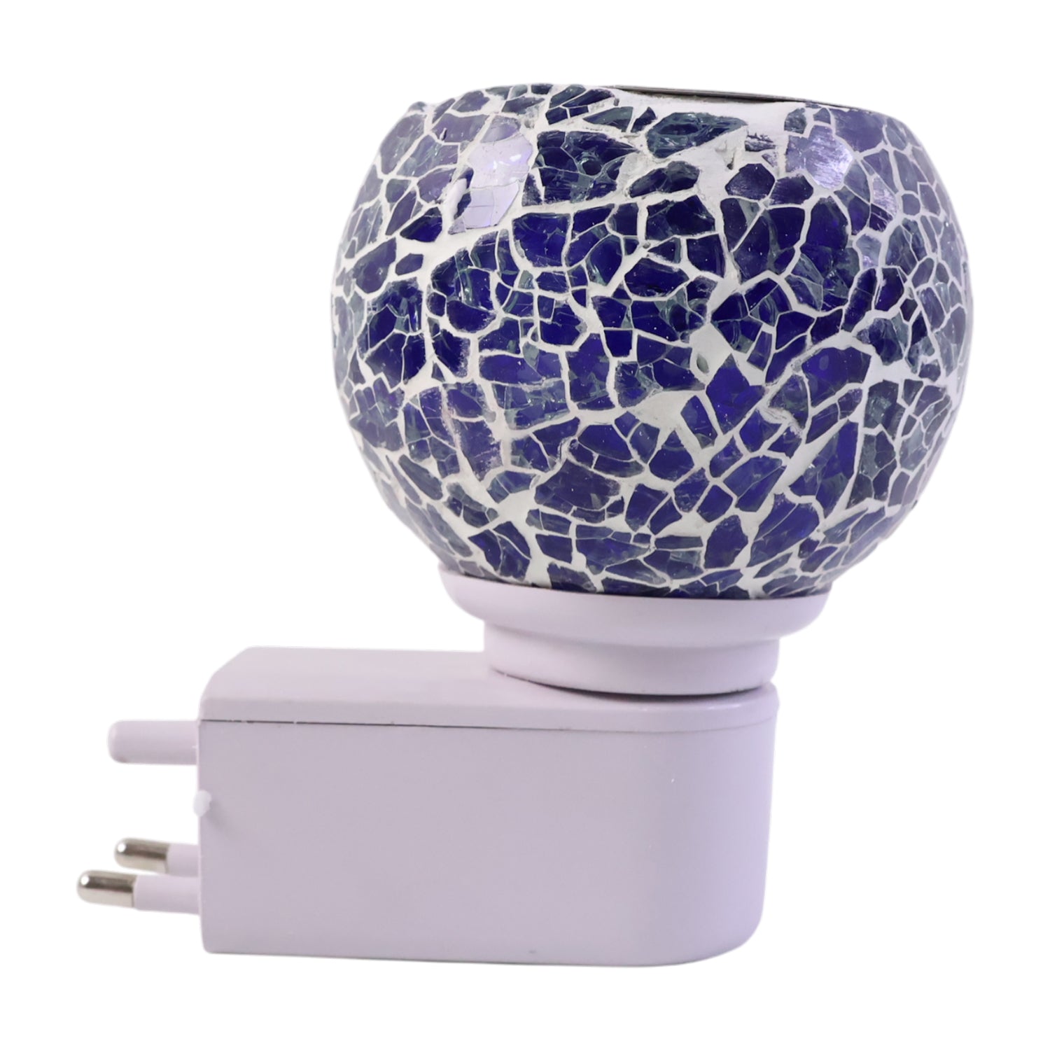 Wukusy Kapoor Dani mosaic glass electric night lamp with colorful mosaic design, illuminated, on a wooden surface.