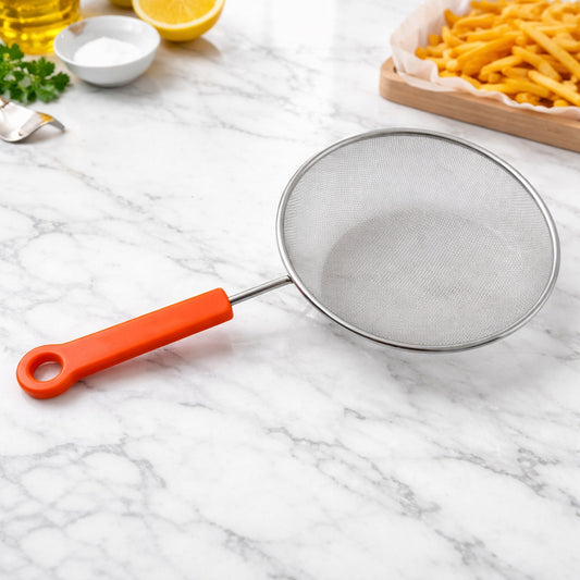 Wukusy B-grade medium-sized fine mesh kitchen strainer with handle, perfect for sifting and rinsing in the kitchen.
