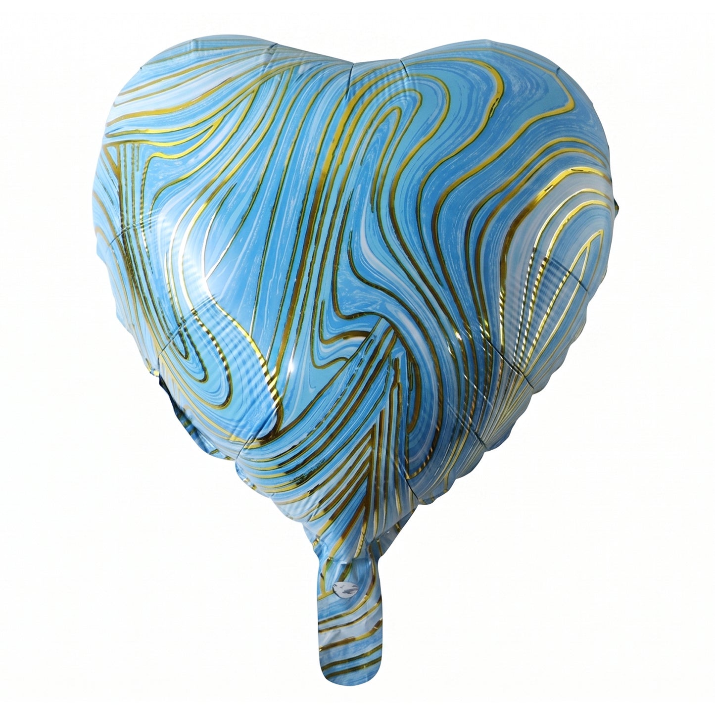 Blue marble heart foil party balloon by Wukusy, featuring a shiny gold heart shape with blue marble pattern on its surface.