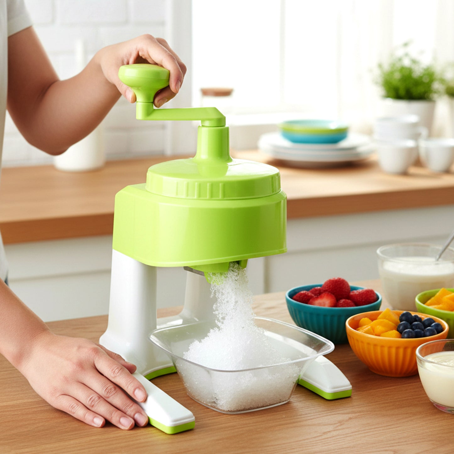 Wukusy manual hand crank ice crusher with colorful finish, designed for crushing ice into snow for drinks and desserts
