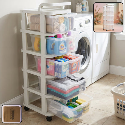 Wukusy 5-layer plastic storage drawer rack with wheels, versatile home organization, featuring multiple drawers for easy access