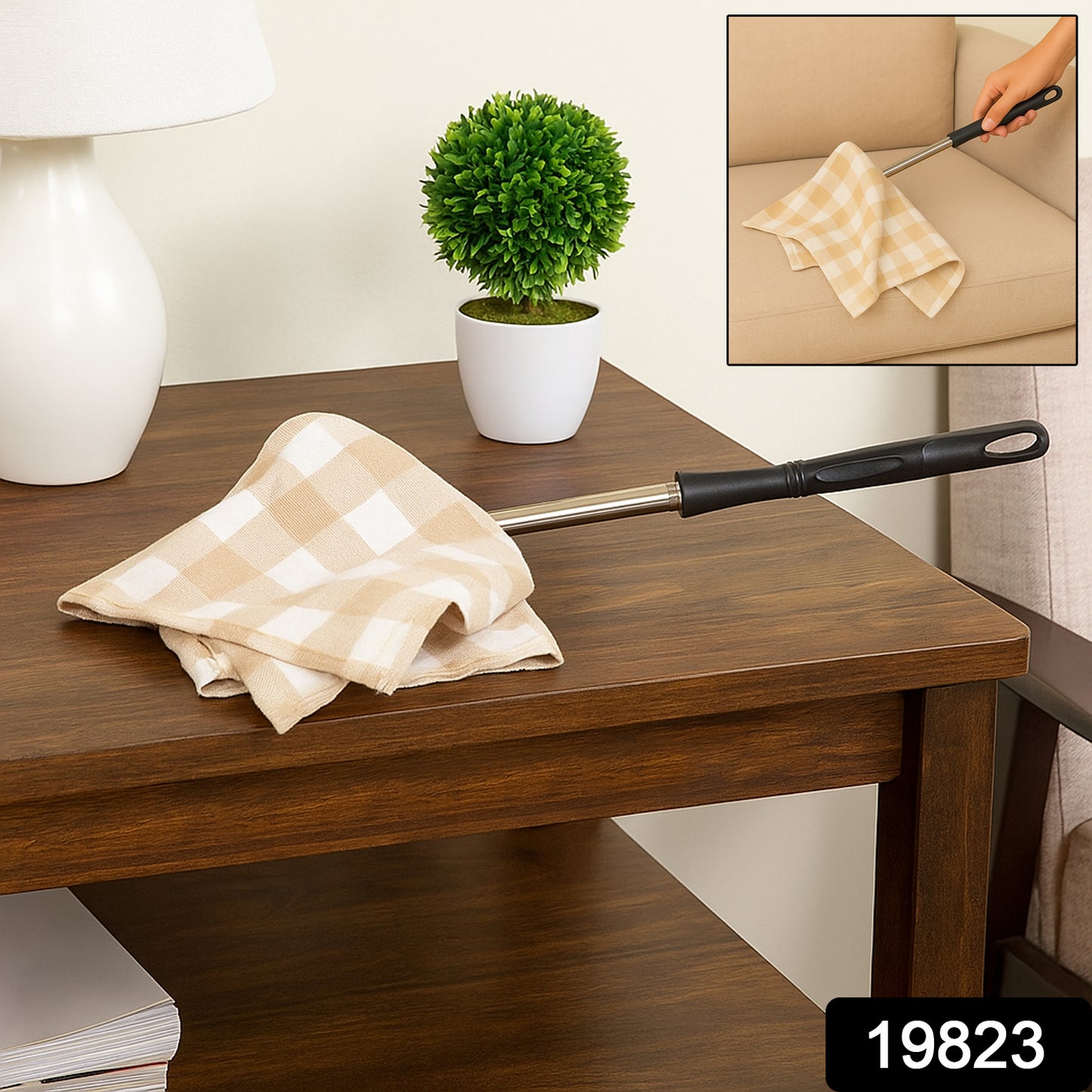 Wukusy non-extendable dusting cloth with handle for home cleaning, shown in a clean, folded state with a textured surface.