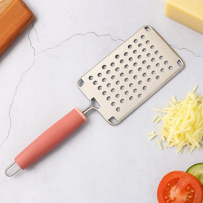 Wukusy Supermom stainless steel vegetable and cheese grater with soft grip handle for versatile kitchen use.