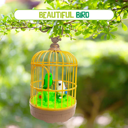 Wukusy sound-activated chirping bird toy in hanging cage, colorful plastic bird that chirps when touched, battery not included.