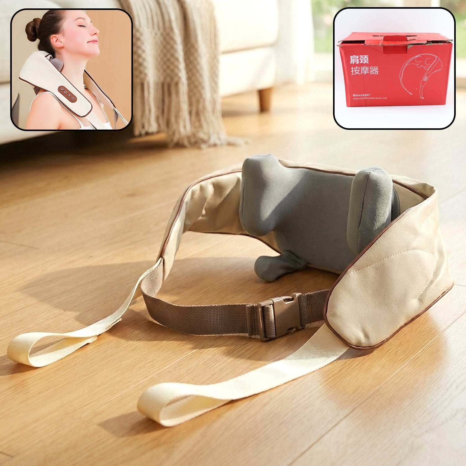 Wukusy adjustable neck and shoulder massager with medium belt, shown wrapped around the neck and shoulders for relaxation.