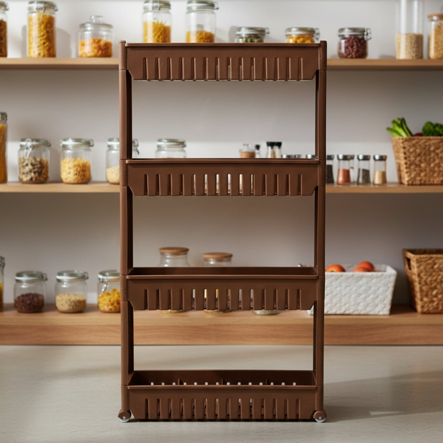 Wukusy multipurpose plastic 4-layer storage rack with wheels, featuring sturdy shelves and mobile design for versatile organization.