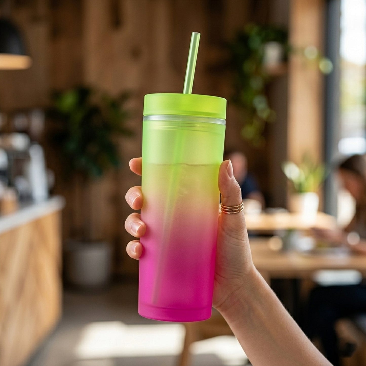 Gradient plastic drinking tumbler cup with lid and straw, 400ml, by Wukusy, featuring a colorful design and secure lid.