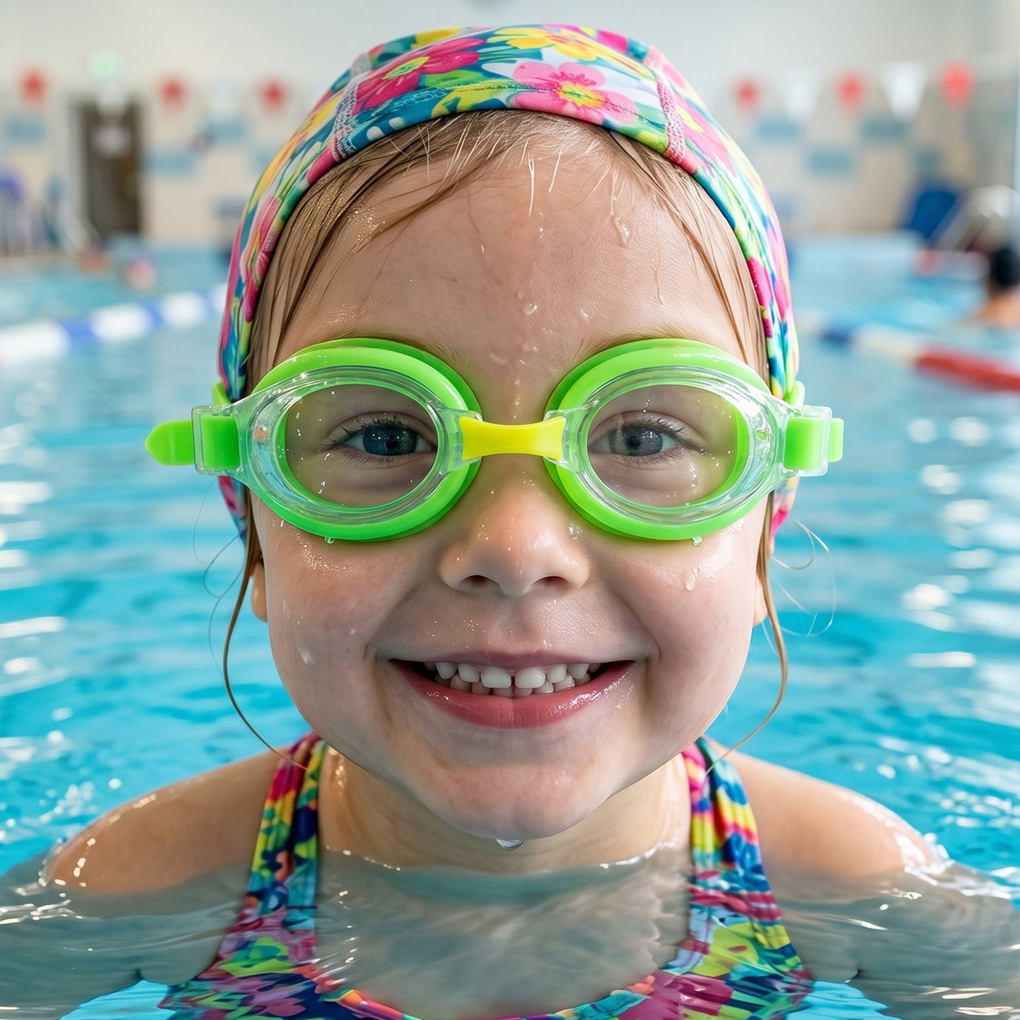 Wukusy premium swimming goggles with adjustable straps and clear lenses, stored in protective case, ideal for swimming.