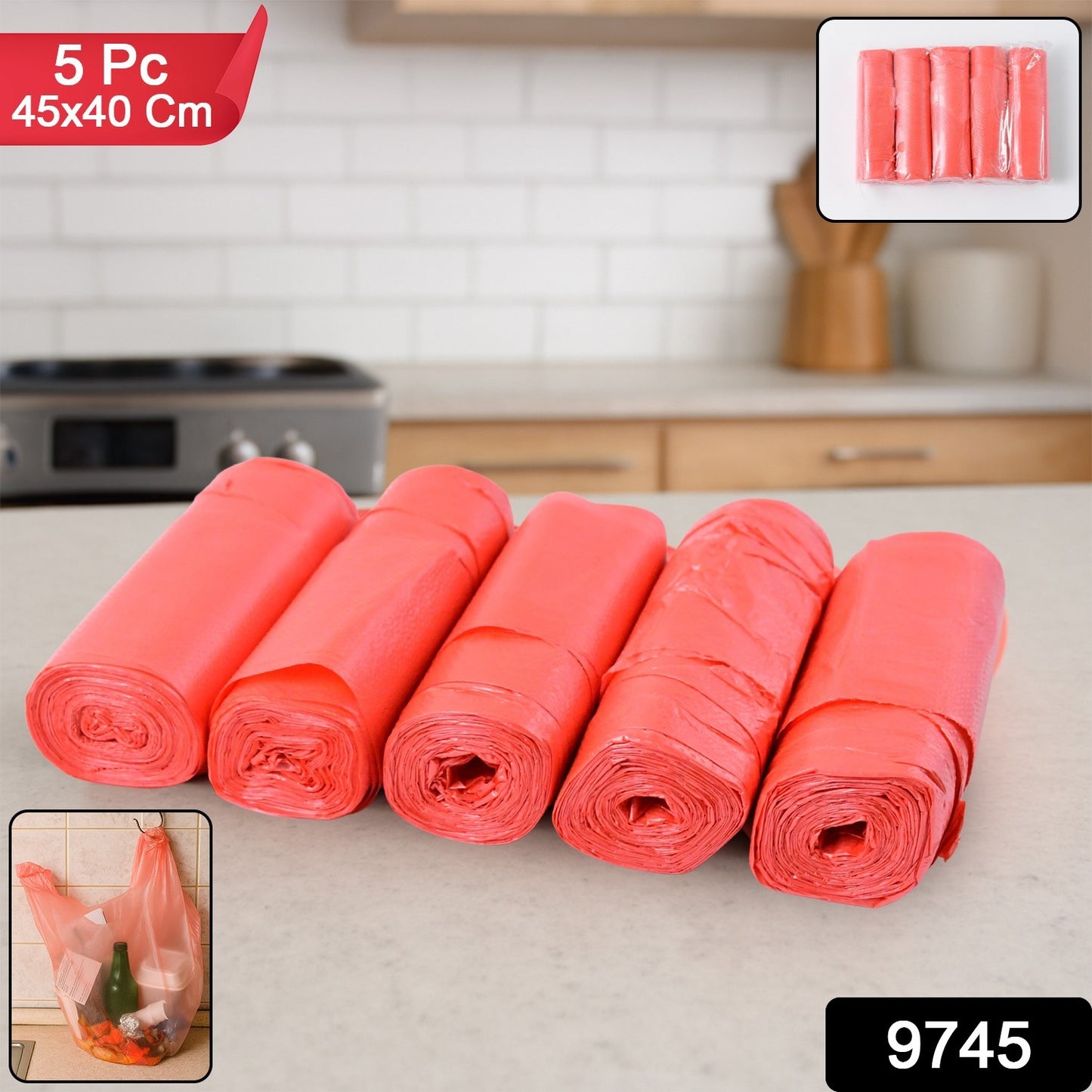 Wukusy heavy duty garbage bags, 45x40 cm, set of 5, durable black plastic waste bags for home and kitchen use.