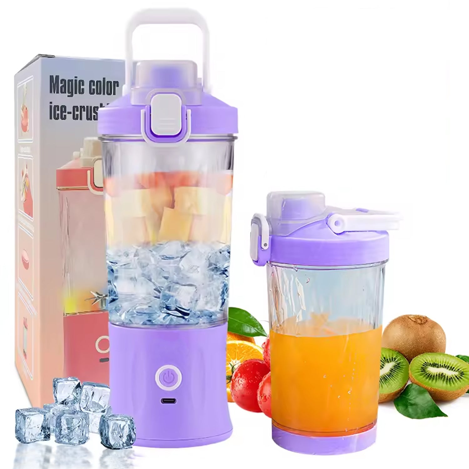 Wukusy electric juicer with 8 blades, colorful LED lights, 600ml capacity, suitable for home kitchen use, multicolor design.