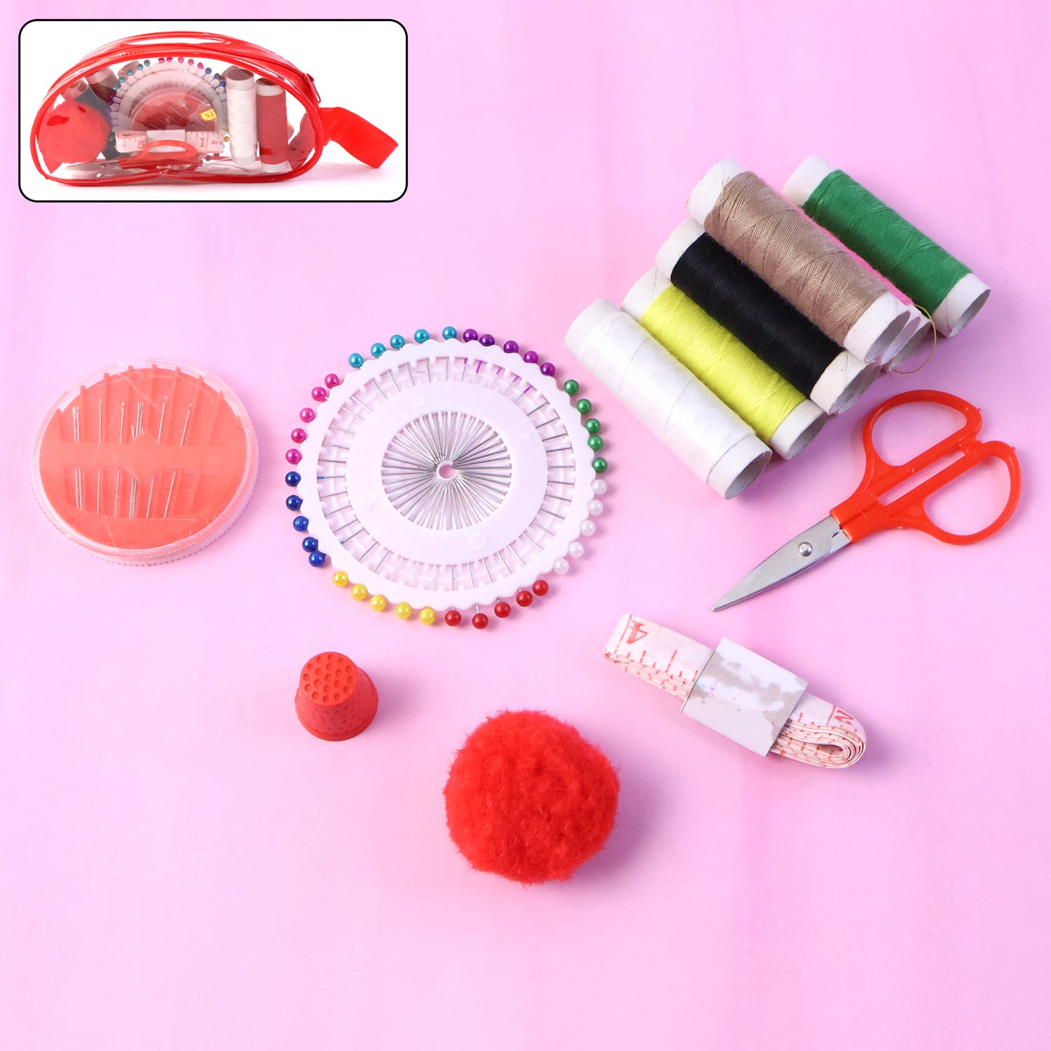 Wukusy complete sewing stitching kit with colorful threads, needles, scissors, and sewing accessories on a white background.
